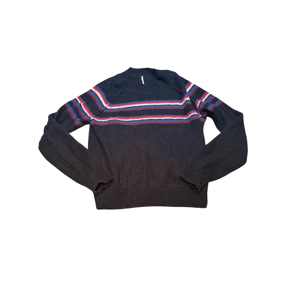Free People Striped Crew‎ Neck Sweater Black Red Blue Wool Blend Size Medium